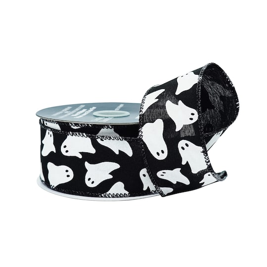 Michaels, 1.5" x 10yd. Glow-in-the-Dark Ghosts Wired Pongee Ribbon by Celebrate It® – Category: Halloween Ribbon